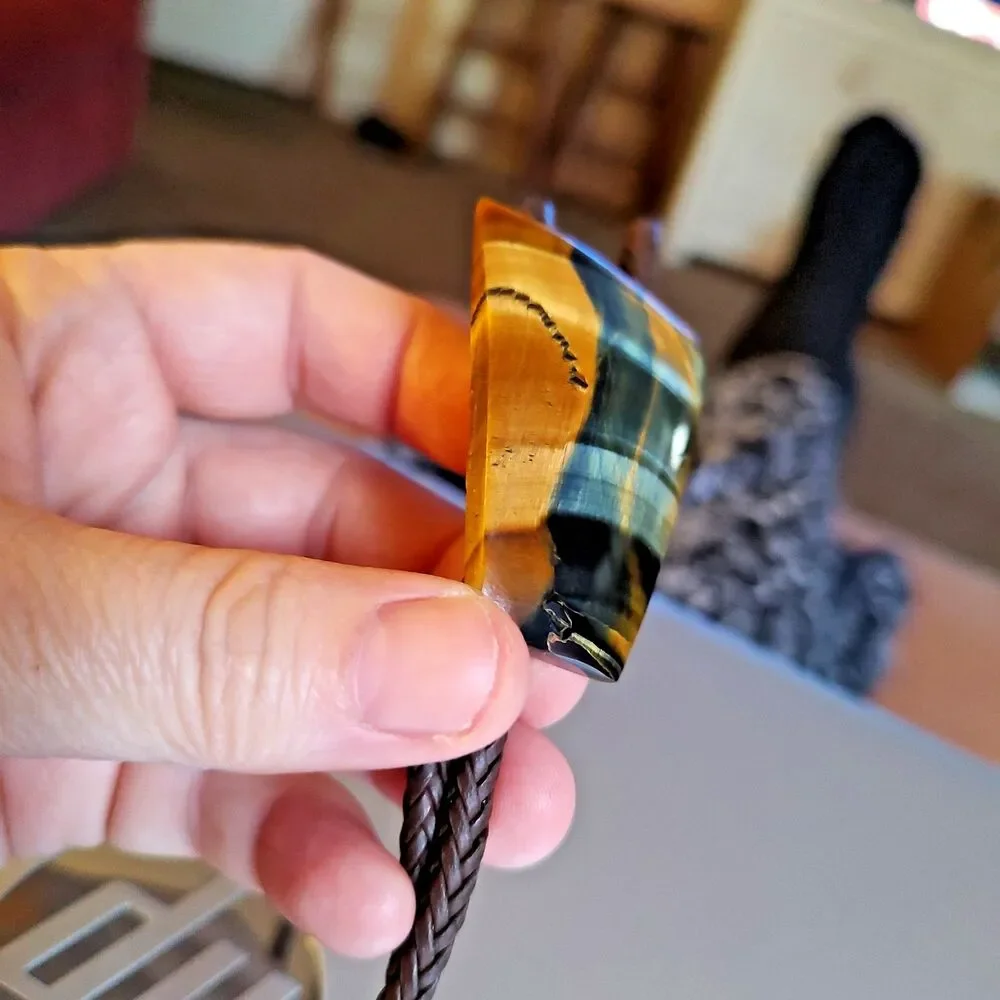 VTG Bennett Western Bolo Tie Brown Braided Leather TigerTiger Eye Gemstone Slide